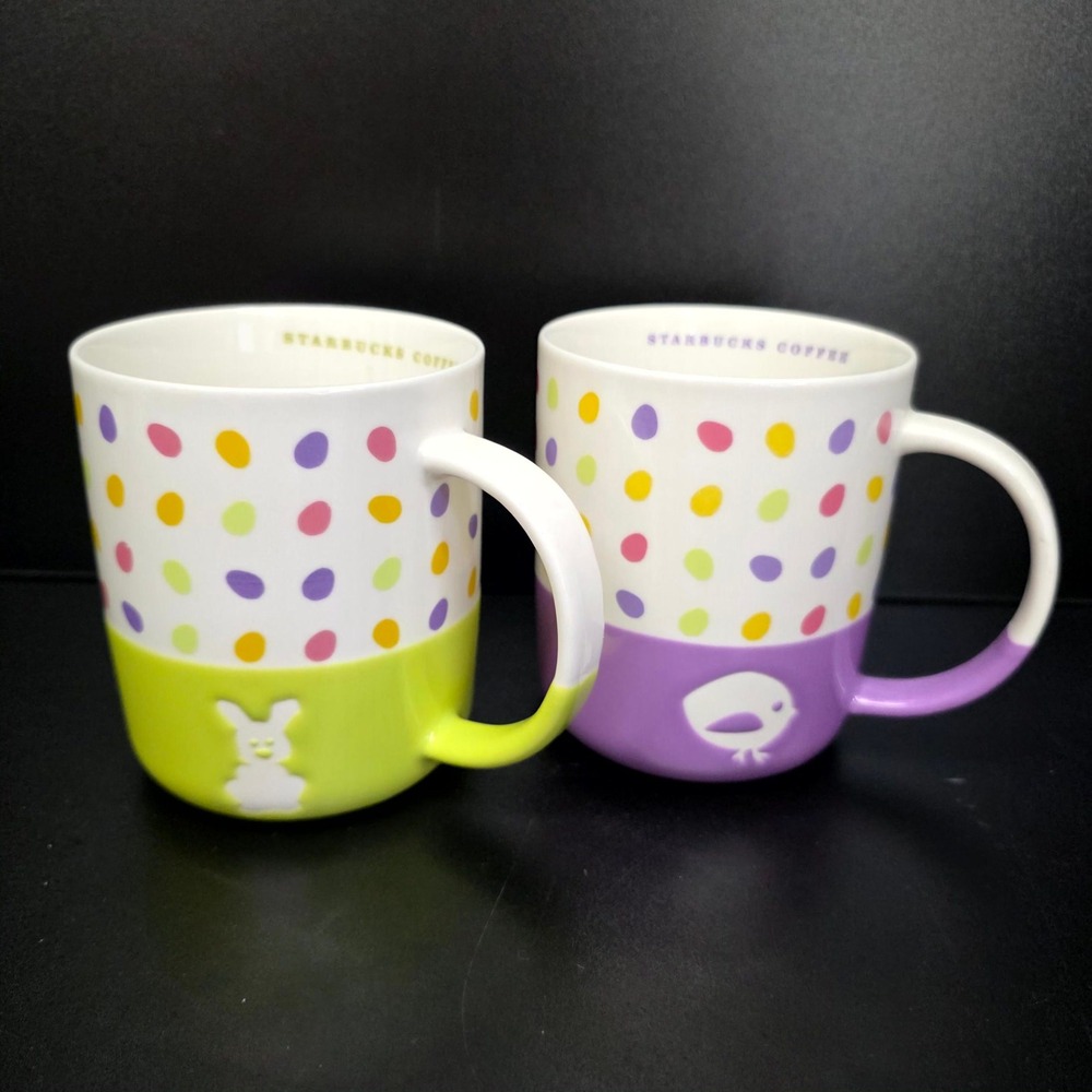 Starbucks Coffee Mugs 12 oz Green Purple Easter Bunny Chick Polka Dot 2007 Set